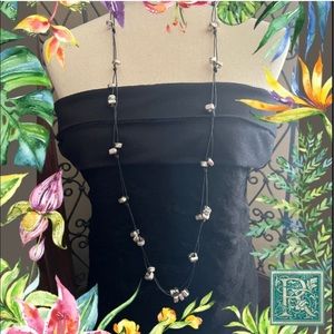 Chico’s Super long black leather and silver tone square beaded Necklace